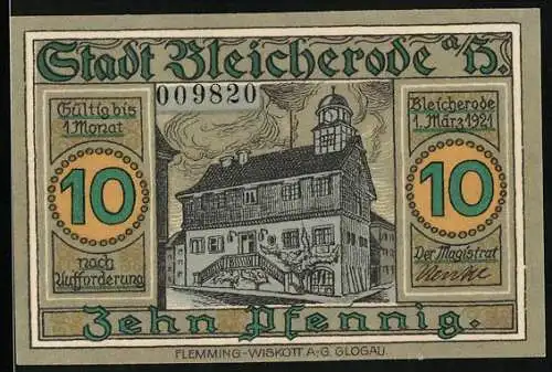 Notgeld Bleicherode a. H. 1921, 10 Pfennig, Wappen, Förderanlagen, Rathaus
