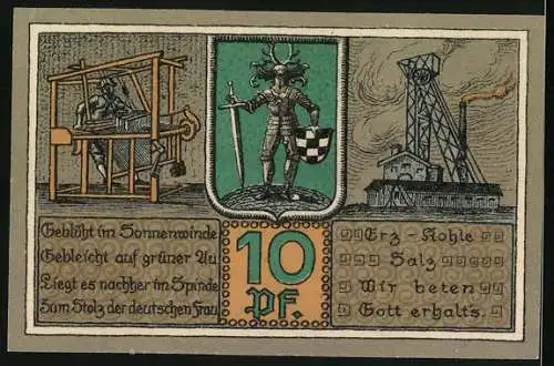 Notgeld Bleicherode a. H. 1921, 10 Pfennig, Wappen, Förderanlagen, Rathaus