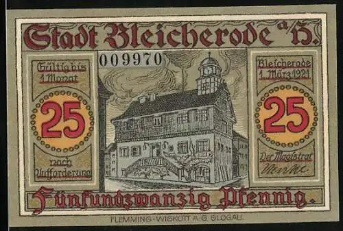 Notgeld Bleicherode a. H. 1921, 25 Pfennig, Wappen, Förderanlagen, Rathaus