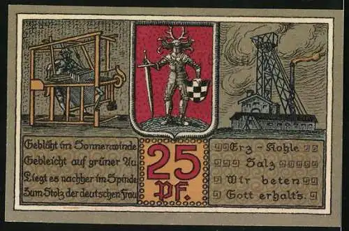 Notgeld Bleicherode a. H. 1921, 25 Pfennig, Wappen, Förderanlagen, Rathaus