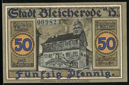 Notgeld Bleicherode a. H. 1921, 50 Pfennig, Wappen, Förderanlagen, Rathaus