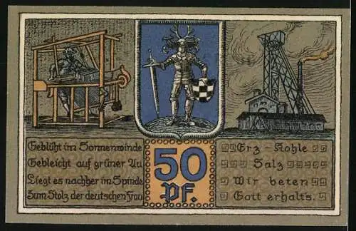 Notgeld Bleicherode a. H. 1921, 50 Pfennig, Wappen, Förderanlagen, Rathaus