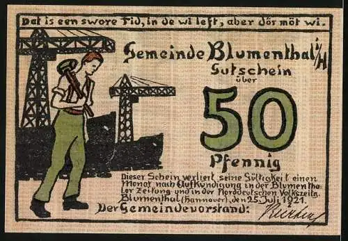 Notgeld Blumenthal i. H. 1921, 50 Pfennig, Arbeiter vor Krähnen, Arbeiterin beim Kämmen von Fasern