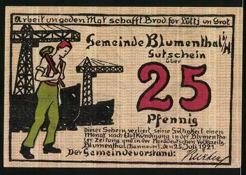 Notgeld Blumenthal i. H. 1921, 25 Pfennig, Arbeiter vor Krähnen, Arbeiterin beim Kämmen von Fasern