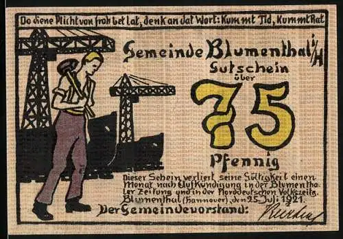 Notgeld Blumenthal i. H. 1921, 75 Pfennig, Arbeiter vor Krähnen, Arbeiterin beim Kämmen von Fasern