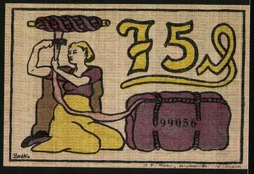 Notgeld Blumenthal i. H. 1921, 75 Pfennig, Arbeiter vor Krähnen, Arbeiterin beim Kämmen von Fasern