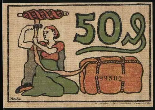 Notgeld Blumenthal i. H. 1921, 50 Pfennig, Arbeiter vor Krähnen, Arbeiterin beim Kämmen von Fasern