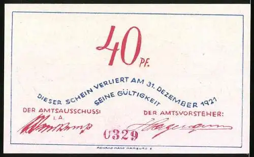 Notgeld Bokel /Bezirk Hörnerkirchen 1921, 40 Pfennig, Singender Vogel