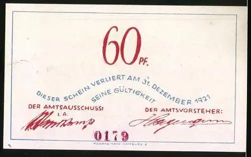 Notgeld Bokel /Bezirk Hörnerkirchen 1921, 60 Pfennig, Paar und Vogel an einem Gatter