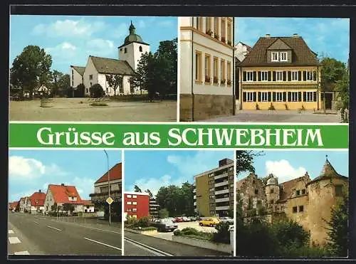 AK Schwebheim / Ufr., Strassenpartie mit Geschäft, Kirche, Burg