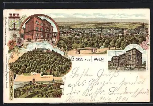 Lithographie Hagen / Westfalen, Amtsgericht, Gymnasium, Hohenlimburg, Blankenstein