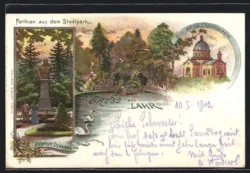 Lithographie Lahr / Baden, Christuskirche im Stadtpark, Grotte und Pavillon, Eichrodt-Denkmal