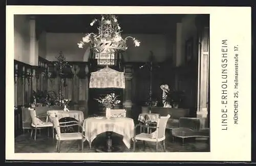 AK München-Thalkirchen, Linde-Erholungsheim, Heilmannstrasse 17, Cafe, Innenansicht