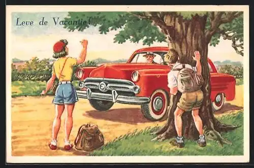 Künstler-AK Hübsche Anhalterin bringt Autofahrer zum Anhalten