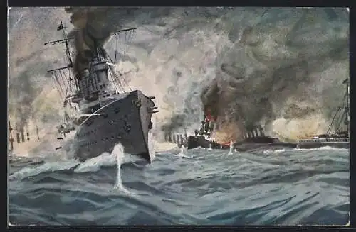 Künstler-AK Seegefecht mit deutschen Kriegsschiffen