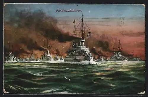 Künstler-AK Kriegsschiffe beim Flottenmanöver