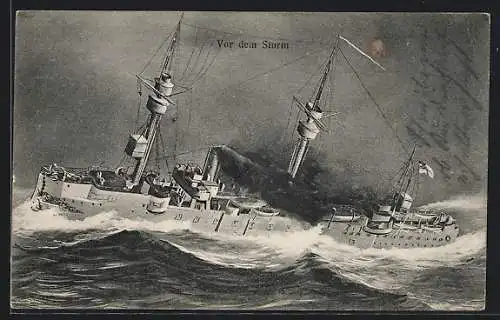 Künstler-AK Deutsches Kriegsschiff vor dem Sturm