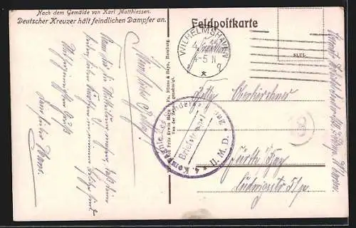 Künstler-AK Deutscher Kreuzer hält feindlichen Dampfer an