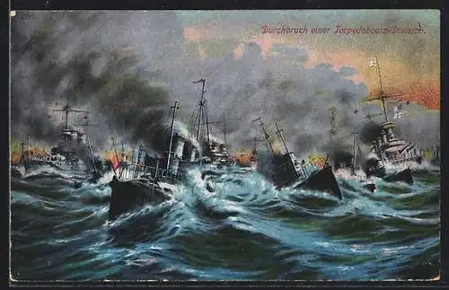 Künstler-AK Durchbruch einer Torpedoboots-Division