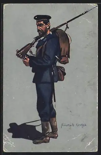Künstler-AK Marineinfanterist mit geschultertem Gewehr