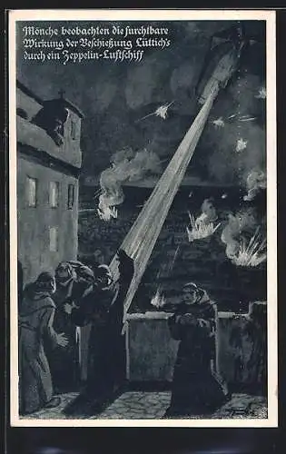 AK Lüttich, Mönche beobachten Beschuss der Stadt durch Zeppelin-Luftschiff