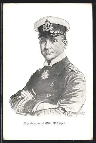 Künstler-AK U-Boot-Kommandant und Kapitänleutnant Weddigen in Uniform