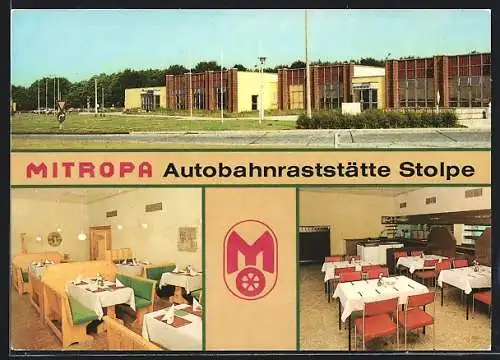 AK Stolpe, Mitropa-Autobahnraststätte, Aussen- und Innenansicht