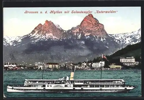 AK Brunnen und die Mythen mit Salondampfer Unterwalden