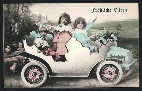 AK Kinder in einem Auto mit Osterküken