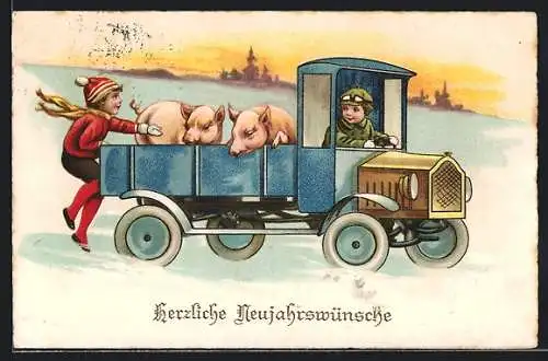 Künstler-AK Kinder in einem Lastkraftwagen mit Schweinen beladen