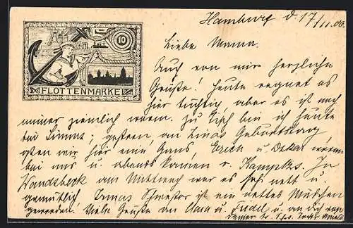 Künstler-AK Flottenmarke, Matrose mit Anker und Kriegsschiffen