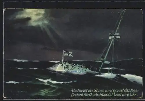 Künstler-AK Kriegsschiff im Sturm