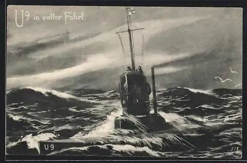 Künstler-AK U-Boot U 9 in voller Fahrt