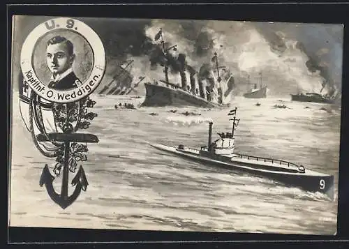 Künstler-AK U-Boot U 9, Kaptltnt. O. Weddigen