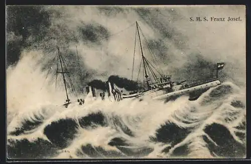 AK K.u.k. Marine, Kriegsschiff S.M.S. Franz Josef in stürmischer See