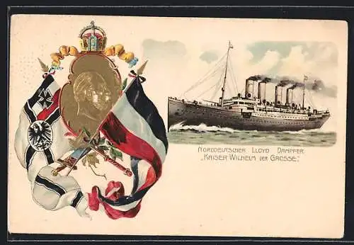 Lithographie Norddeutscher Lloyd Dampfer Kaiser Wilhelm der Grosse