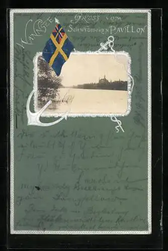 Präge-AK Berlin-Wannsee, Schwedischer Pavillon, vom Wasser gesehen, Schwedische Flagge