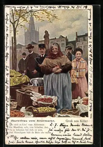 AK Köln, Marktfrau vom Altermarkt mit Obst und Gemüse