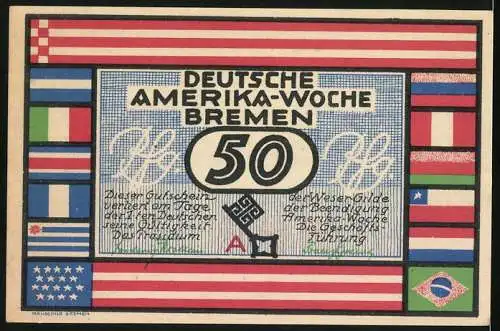 Notgeld Bremen, 50 Pfennig, Deutsche Amerika-Woche Frühjahr 1923, Werft in Vegesack
