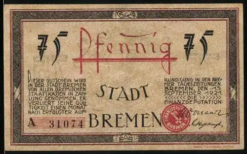 Notgeld Bremen 1921, 75 Pfennig, Die grosse Weserbrücke, Wappen