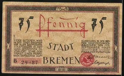 Notgeld Bremen 1921, 75 Pfennig, Die grosse Weserbrücke, Wappen