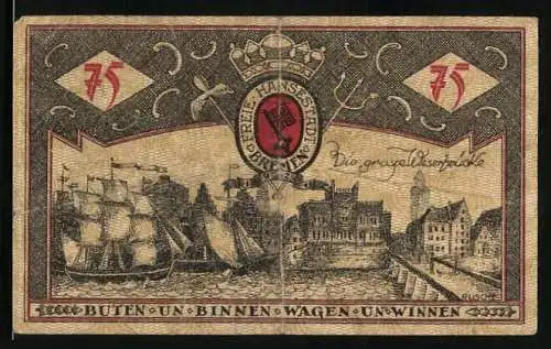 Notgeld Bremen 1921, 75 Pfennig, Die grosse Weserbrücke, Wappen