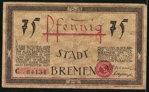 Notgeld Bremen 1921, 75 Pfennig, Die grosse Weserbrücke, Wappen