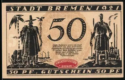 Notgeld Bremen 1921, 50 Pfennig, Stadtansicht und Arbeiter