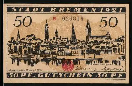 Notgeld Bremen 1921, 50 Pfennig, Stadtansicht und Arbeiter