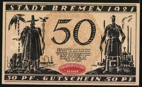 Notgeld Bremen 1921, 50 Pfennig, Stadtansicht und Arbeiter