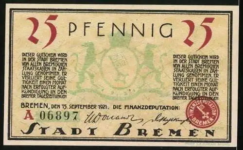 Notgeld Bremen 1921, 25 Pfennig, Der alte Domshof, Stadtwappen