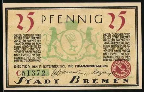 Notgeld Bremen 1921, 25 Pfennig, Der alte Domshof, Stadtwappen