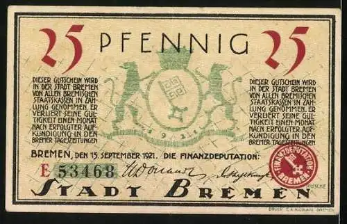 Notgeld Bremen 1921, 25 Pfennig, Der alte Domshof, Stadtwappen