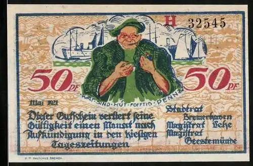 Notgeld Geestemünde 1921, 50 Pfennig, Fischer mit Tabakspfeife, Im Hintergrund Schiff und Boote